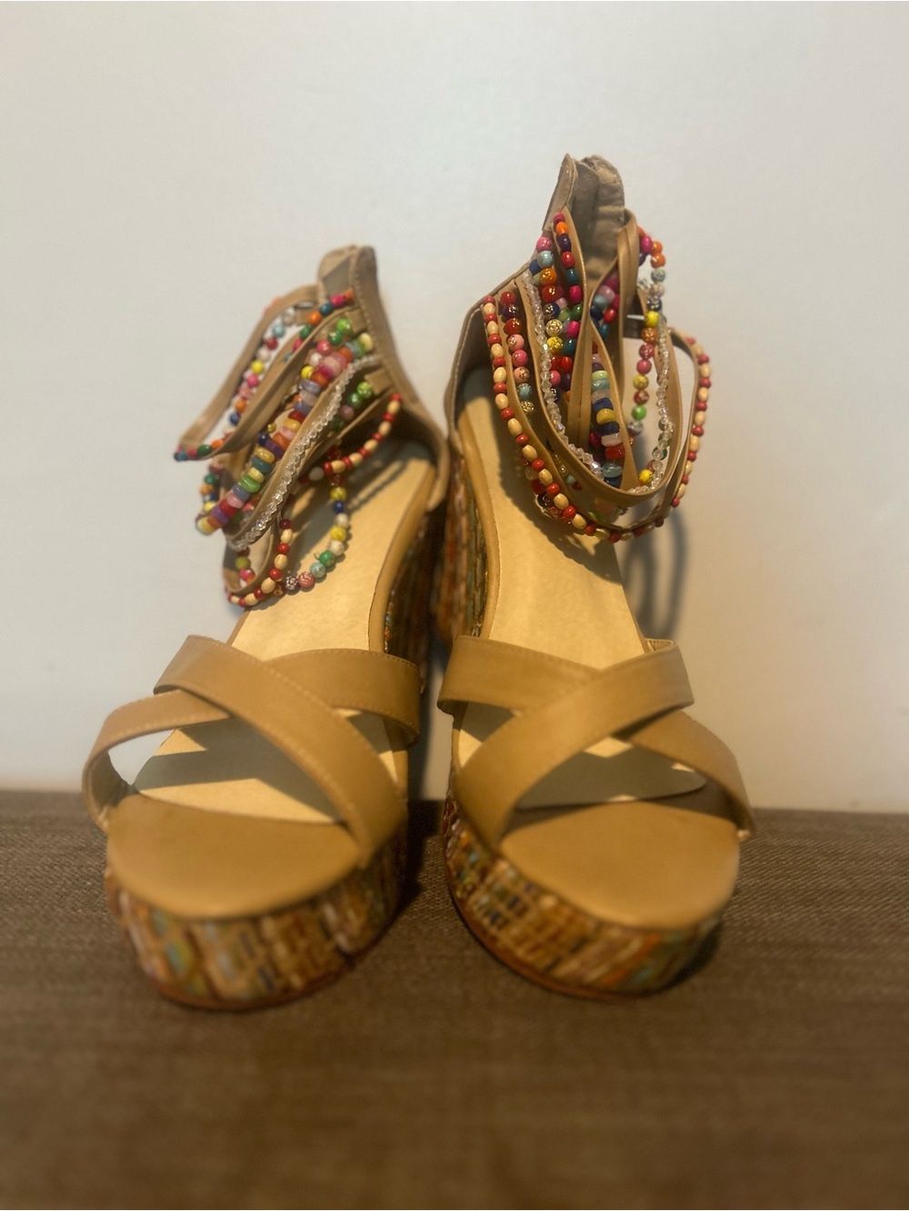 Getmorebeauty Women’s Tan Wedge Sandals with Multicolor Beaded Straps